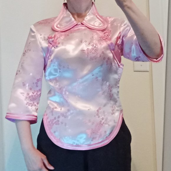 Pink Chinese Formal Traditional Cherry Blossom Shirt Women's Small Frog Ties - Picture 3 of 13